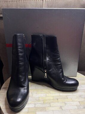 Prada Leather Platform Wedge Ankle Boots